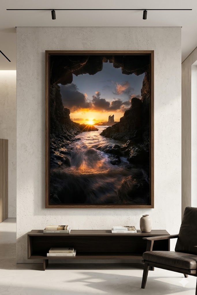 Fine art landscape print in dark oak frame